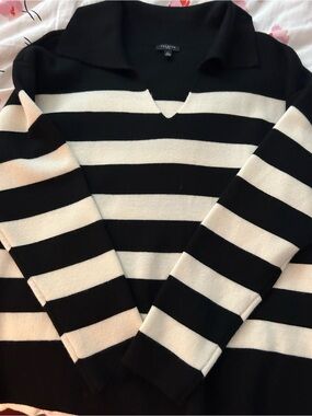 Talbots Black and White Striped Collared Scoop-Neck Sweater